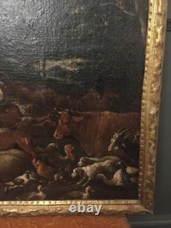 Peinture ancienne-huile sur toile-Adam et Eve au Paradis-XVIIèXVIIIè siècle