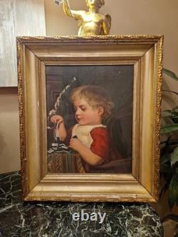 Peinture ancienne huile sur toile Enfant Jouant Aux Dominos