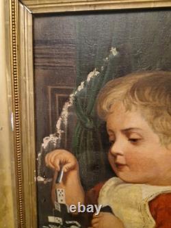 Peinture ancienne huile sur toile Enfant Jouant Aux Dominos