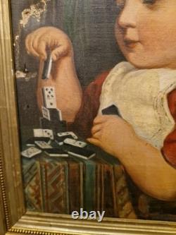 Peinture ancienne huile sur toile Enfant Jouant Aux Dominos