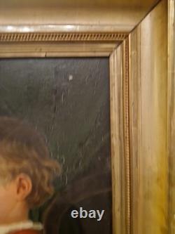 Peinture ancienne huile sur toile Enfant Jouant Aux Dominos