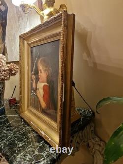 Peinture ancienne huile sur toile Enfant Jouant Aux Dominos