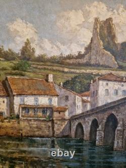 Peinture ancienne huile sur toile VUE DE VILLAGE