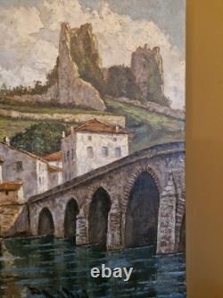Peinture ancienne huile sur toile VUE DE VILLAGE