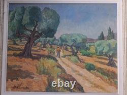 Peinture ancienne huile sur toile provence paysage Sentiers dans les oliviers