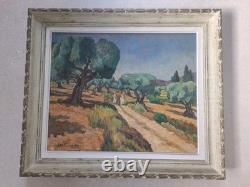 Peinture ancienne huile sur toile provence paysage Sentiers dans les oliviers