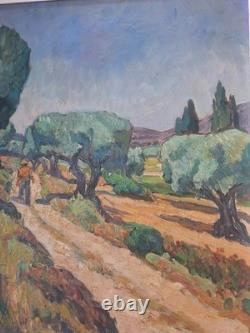 Peinture ancienne huile sur toile provence paysage Sentiers dans les oliviers