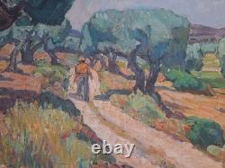 Peinture ancienne huile sur toile provence paysage Sentiers dans les oliviers
