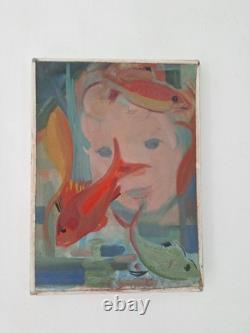 Peinture ancienne huile sur toile scène animal poisson, aquarium. Tableau signé