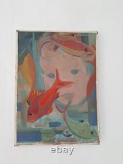 Peinture ancienne huile sur toile scène animal poisson, aquarium. Tableau signé