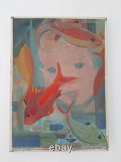 Peinture ancienne huile sur toile scène animal poisson, aquarium. Tableau signé
