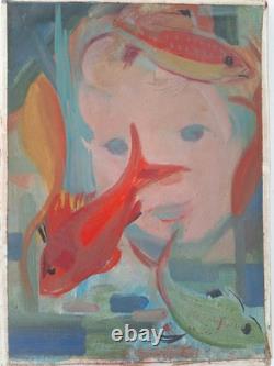 Peinture ancienne huile sur toile scène animal poisson, aquarium. Tableau signé