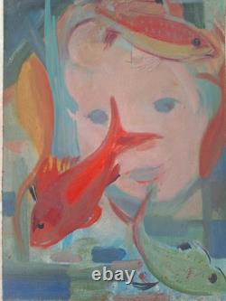 Peinture ancienne huile sur toile scène animal poisson, aquarium. Tableau signé