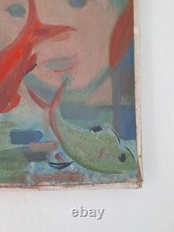 Peinture ancienne huile sur toile scène animal poisson, aquarium. Tableau signé