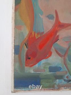 Peinture ancienne huile sur toile scène animal poisson, aquarium. Tableau signé