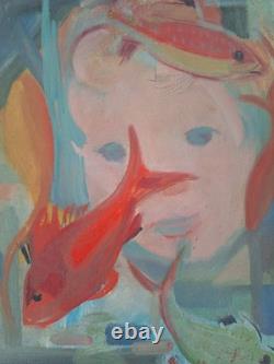 Peinture ancienne huile sur toile scène animal poisson, aquarium. Tableau signé