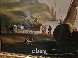 Peinture ancienne, huile sur toile, scène d'embarquement de fourrage