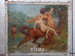 Peinture ancienne huile sur toile scène mythologique NYMPHE et SATYRE