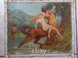 Peinture ancienne huile sur toile scène mythologique NYMPHE et SATYRE