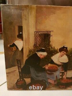 Peinture ancienne scène de vie, huile sur toile fin XIX ème s