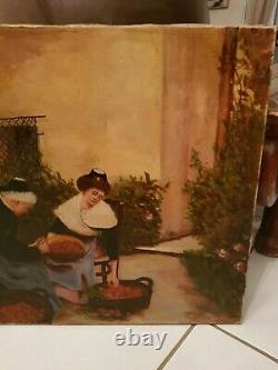 Peinture ancienne scène de vie, huile sur toile fin XIX ème s