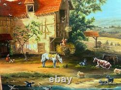 Peinture ancienne signée, paysage rural, ferme, animaux, avec son cadre doré