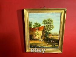 Peinture ancienne signée, paysage rural, ferme, animaux, avec son cadre doré