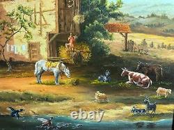 Peinture ancienne signée, paysage rural, ferme, animaux, avec son cadre doré