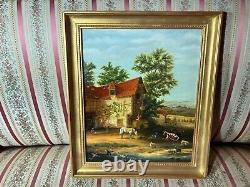 Peinture ancienne signée, paysage rural, ferme, animaux, avec son cadre doré