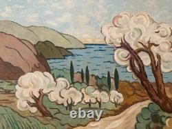 Peinture huile panneau paysage Méditerranée Art 1960 Painting Ancien Arbre Old