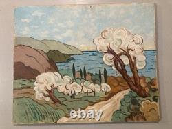 Peinture huile panneau paysage Méditerranée Art 1960 Painting Ancien Arbre Old