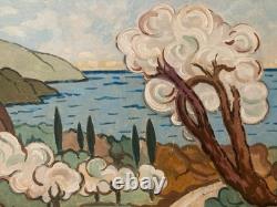 Peinture huile panneau paysage Méditerranée Art 1960 Painting Ancien Arbre Old
