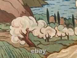 Peinture huile panneau paysage Méditerranée Art 1960 Painting Ancien Arbre Old