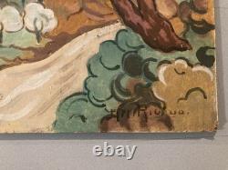Peinture huile panneau paysage Méditerranée Art 1960 Painting Ancien Arbre Old
