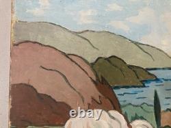 Peinture huile panneau paysage Méditerranée Art 1960 Painting Ancien Arbre Old