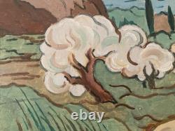 Peinture huile panneau paysage Méditerranée Art 1960 Painting Ancien Arbre Old