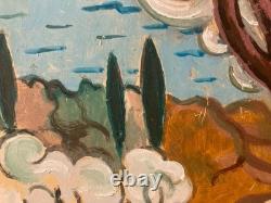 Peinture huile panneau paysage Méditerranée Art 1960 Painting Ancien Arbre Old
