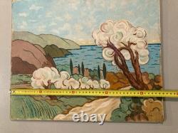Peinture huile panneau paysage Méditerranée Art 1960 Painting Ancien Arbre Old