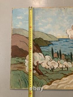 Peinture huile panneau paysage Méditerranée Art 1960 Painting Ancien Arbre Old