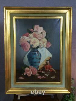 Peinture / huile sur toile ancienne 1988 signée (E. TINEL) nature morte encadrée