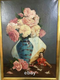 Peinture / huile sur toile ancienne 1988 signée (E. TINEL) nature morte encadrée