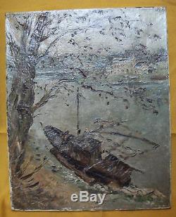 Peinture huile sur toile ancienne / bateau de pêche par Charles HOMUALK