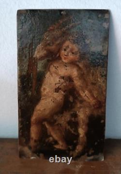 Peinture sur cuivre ancienne du XVIIIe siècle, Éros avec une chèvre