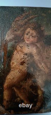 Peinture sur cuivre ancienne du XVIIIe siècle, Éros avec une chèvre