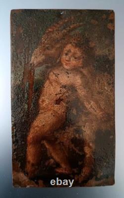 Peinture sur cuivre ancienne du XVIIIe siècle, Éros avec une chèvre