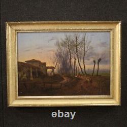 Peinture tableau ancien huile sur toile 19ème siècle cadre paysage personnages