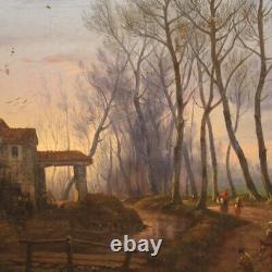 Peinture tableau ancien huile sur toile 19ème siècle cadre paysage personnages