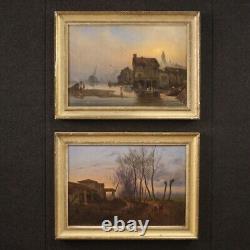 Peinture tableau ancien huile sur toile 19ème siècle cadre paysage personnages