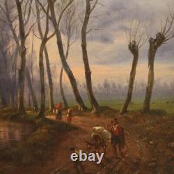 Peinture tableau ancien huile sur toile 19ème siècle cadre paysage personnages