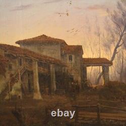 Peinture tableau ancien huile sur toile 19ème siècle cadre paysage personnages